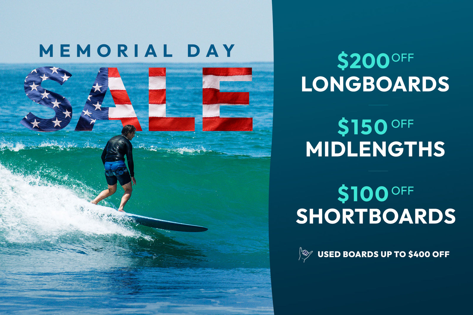 Surfer on a wave with Memorial Day sale text and discount information on a blue background