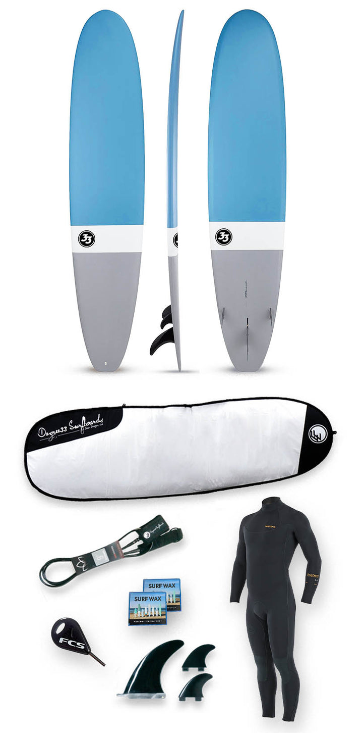 Ride33 Deluxe Surfboard & Wetsuit Package - 9' Ultimate Epoxy Longbboard