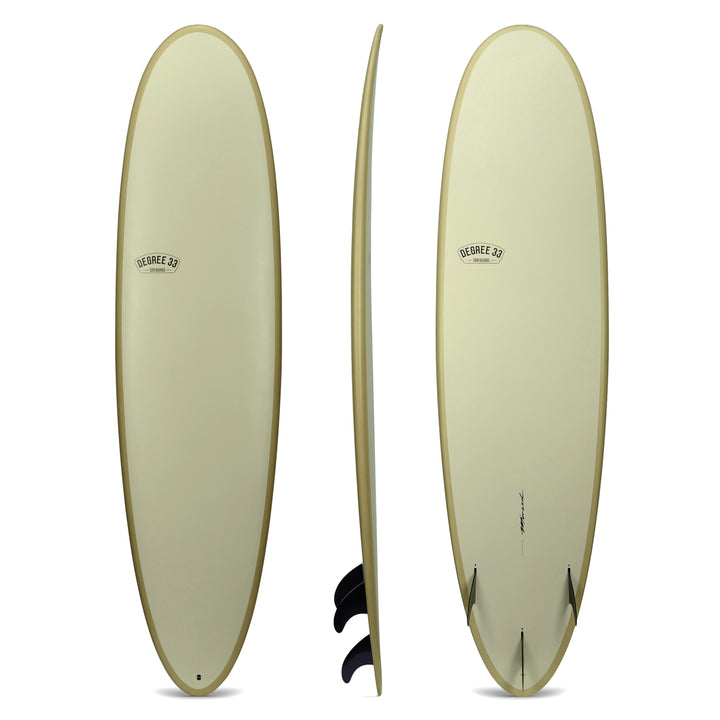 Degree 33 Surfboards - Poacher - Midlength Surfboard - Beige surfboard with fins on a white background