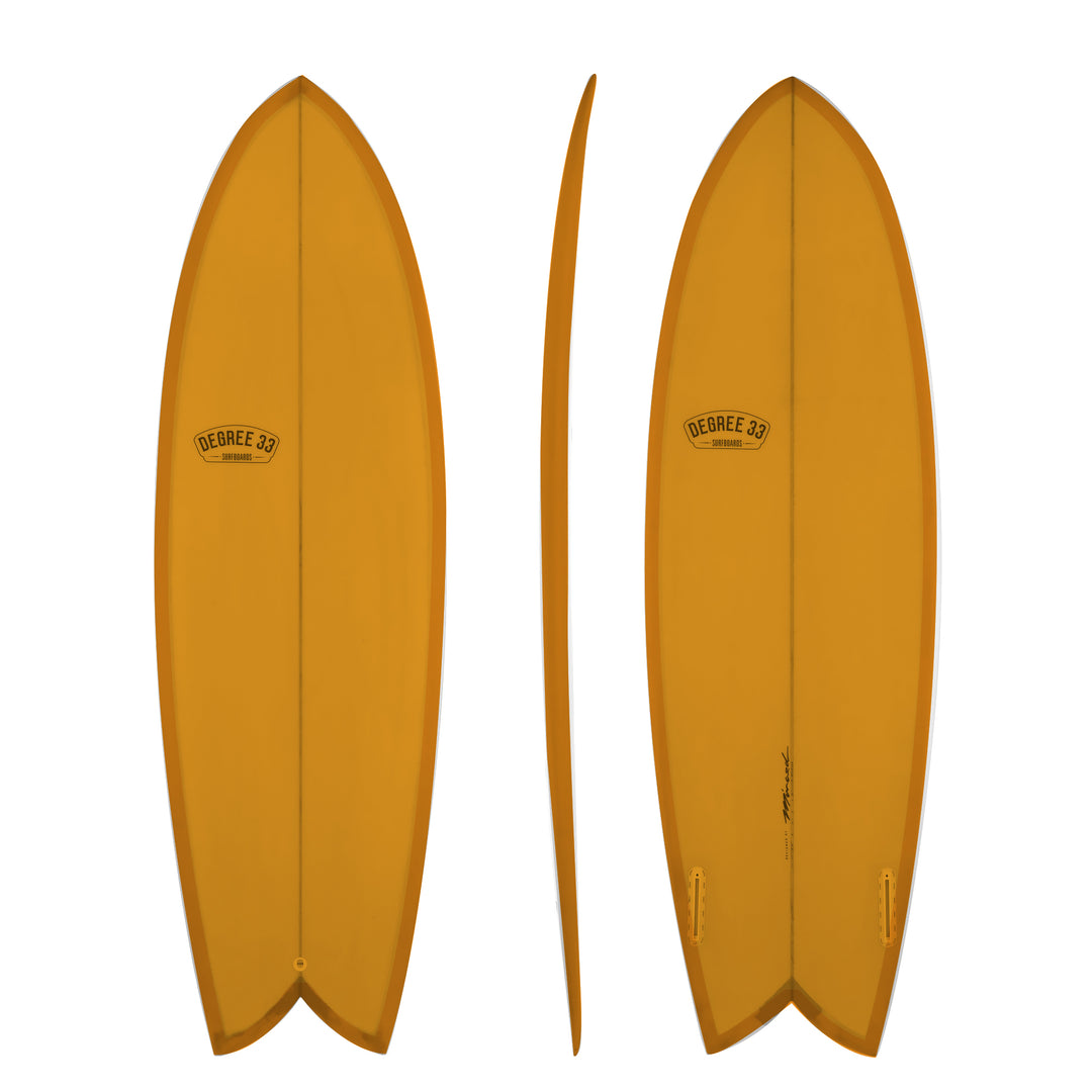 5'8" Retro Fish Twin Fin Surfboard Burnt Orange Resin Tint (Poly)