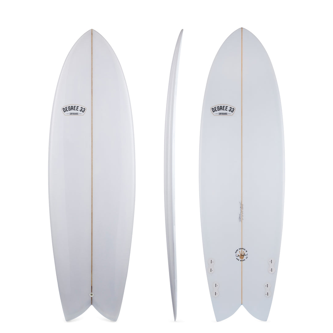 A white surfboard shown from three angles: full front view, side profile, and full rear view. The board features a thin gold centerline, a black 'DEGREE 23' logo near the nose, and a small circular logo near the tail.
