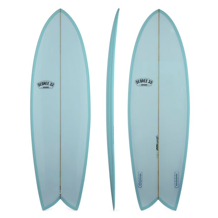 5'8" Retro Fish Twin Fin Surfboard Aqua Resin Tint (Poly) - Degree 33 Surfboards